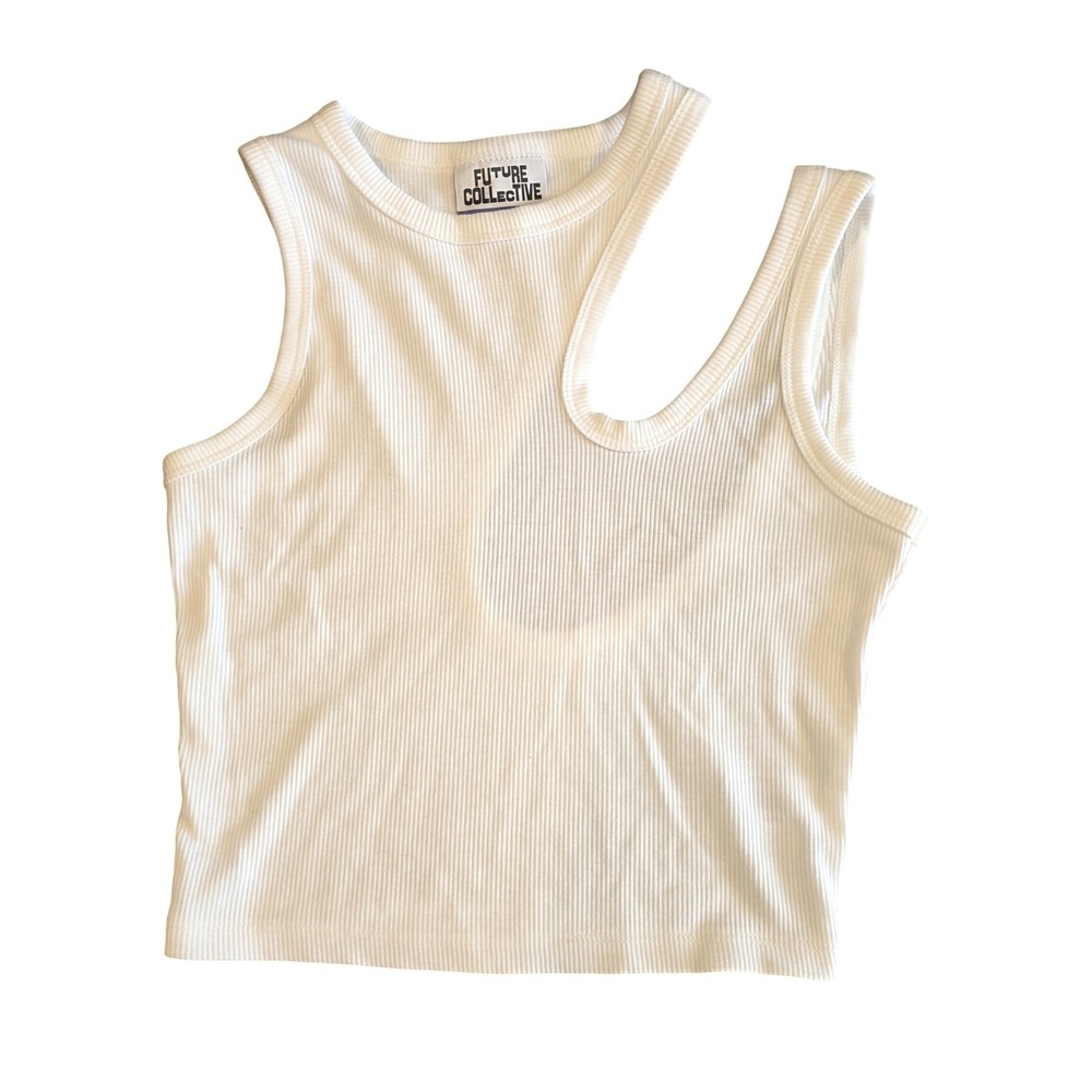 Future Collective Kahlana Barfield Brown White Ribbed Cutout Tank Top XXS